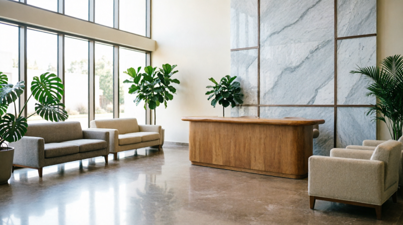 High-rise condominium amenity lounge with statement lighting
