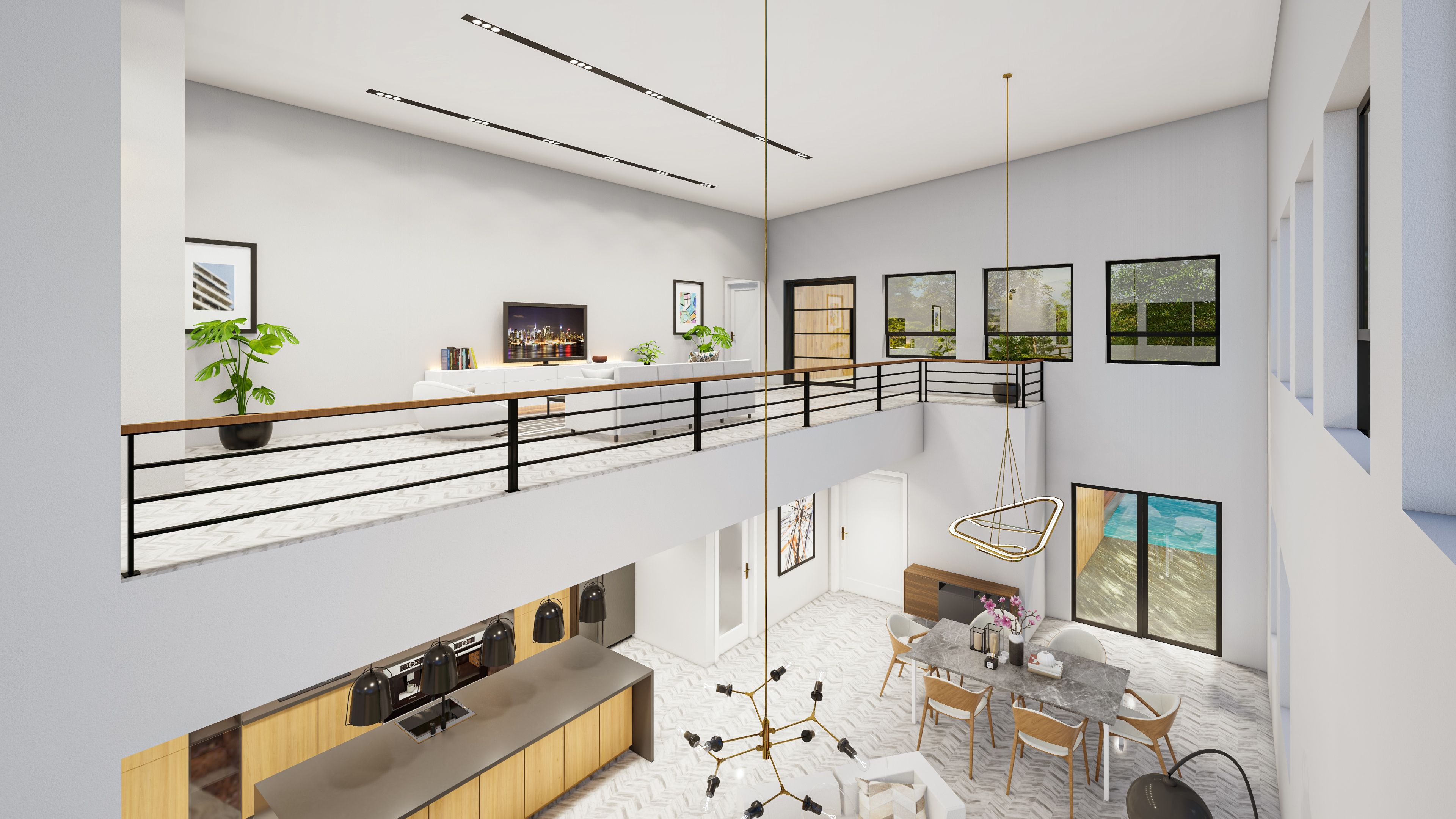 Crystal glass pendant lighting installation cascading from ceiling in luxury interior