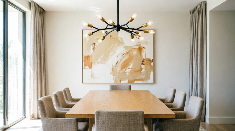 Elegant residential dining area with statement lighting fixture