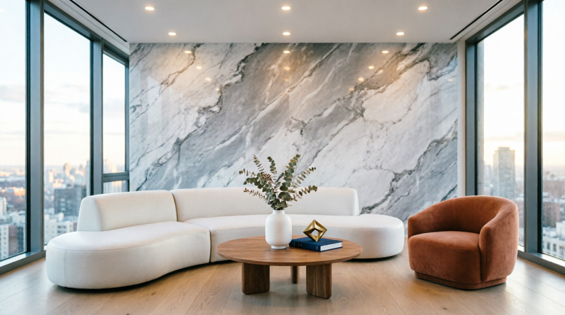 Sunlit residential living room with layered neutral textiles