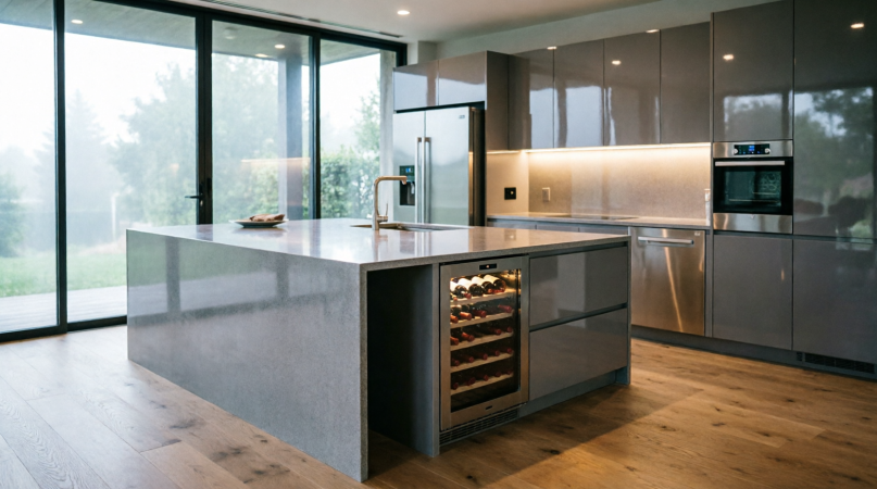 Neutral toned open-plan living and kitchen area with curved sculptural furniture
