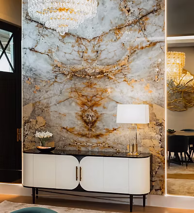 Statement marble feature wall with console table and mirror